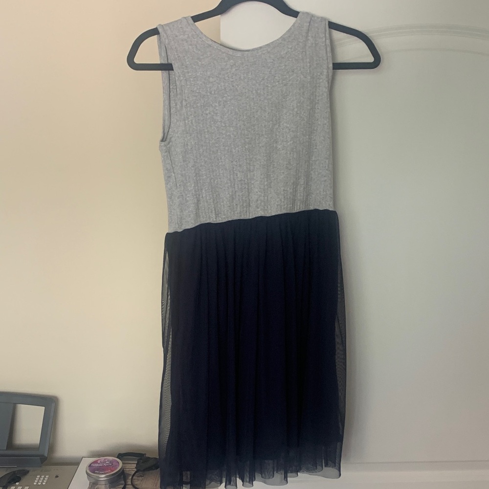 Uniqlo Light Gray and Navy Dress. Ribbed Top with Navy Blue Tulle
